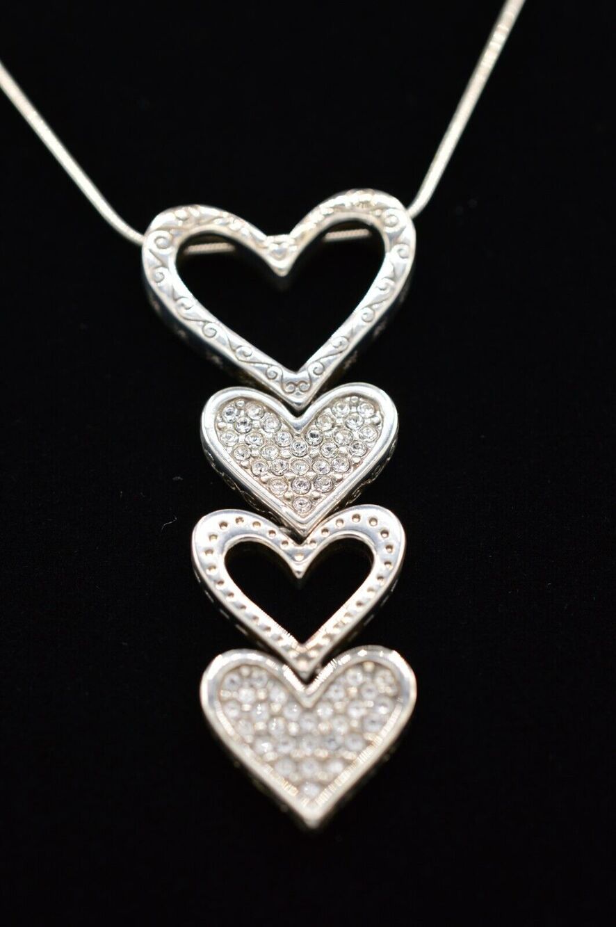 Vintage Sterling Silver Heart Necklace Pave Rhinestone Crystal Pendant Italy 9J